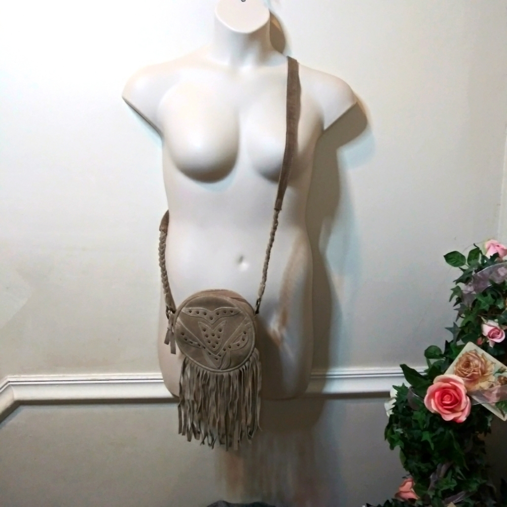 Earthbound Trading Co. Boho Tan Canvas & Studded Suede Fringed Crossbody Purse - Picture 13 of 13